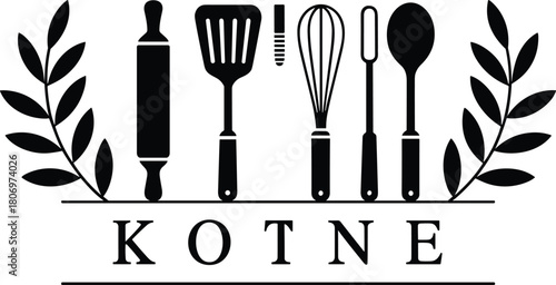 Kitchen utensil logo, cooking tools emblem, culinary brand design, black and white vector, flat vector illustration, food blog symbol