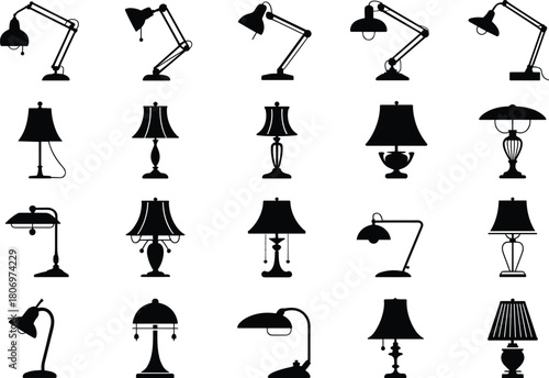 Set of Table Lamp Silhouettes Flat Vector Illustration with Various Classic and Modern Designs Including Desk Lamps, Swing Arms, and Bedside Lights for Interior Decoration