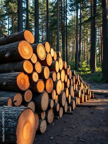 Fototapeta Naklejka Na Ścianę i Meble -  Stack of logs in a forest clearing, showing natural wood grain and warm sunlight ,  sunlight,  stacked