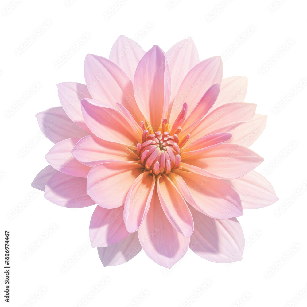 Obraz premium Close-up of a delicate pink dahlia flower isolated on white background