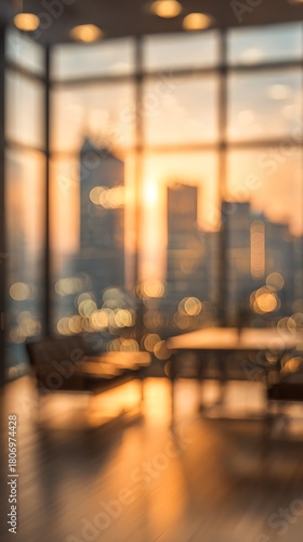 Abstract blurred office space bathed in warm golden sunset light
