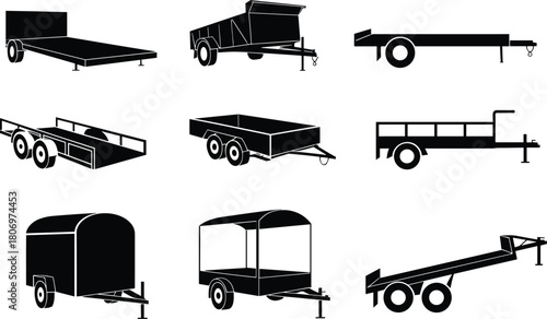 Trailer silhouette set, utility trailer icons, flatbed, dump, enclosed, transport vector, black shapes, isolated, technical haul asset, flat vector illustration