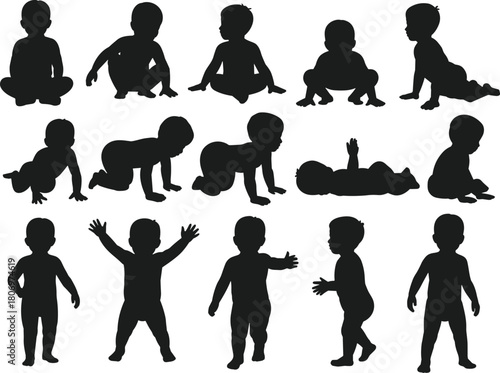 Baby toddler silhouette set, crawling, sitting, walking poses, infant development stages, child growth vector, black shape icons, flat vector illustration