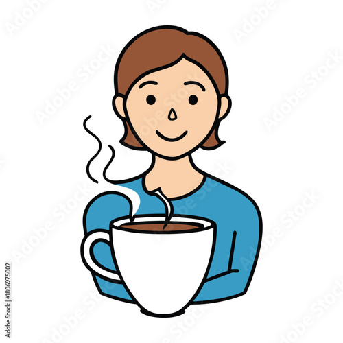 A serene woman leans over a hot steaming cup of tea, gentle curls rising around her face. Warm aroma swirls upward, creating a peaceful moment of comfort and calm.”