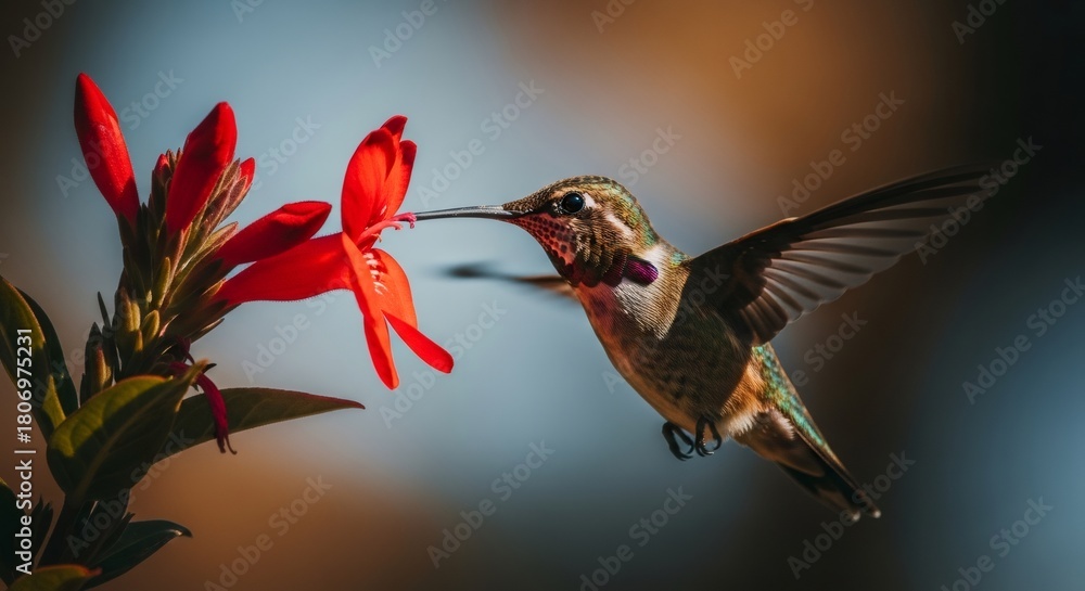 Obraz premium Hummingbird feeding on a red flower. Beautiful bird in flight collecting nectar. Nature and wildlife concept.