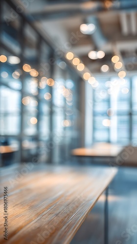 Blurry modern office interior with cool blue and warm yellow lights