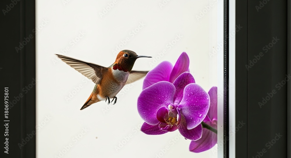 Obraz premium Hummingbird approaches a vibrant purple orchid in front of a window