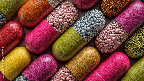A macro shot of colorful capsule pills arranged in a pattern, highlighting the concept of medication and healthcare. The pills feature different colors and internal granular textures