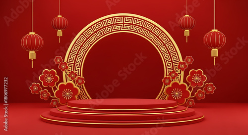 Chinese new year podium stage with lanterns and flowers on a red background for product display