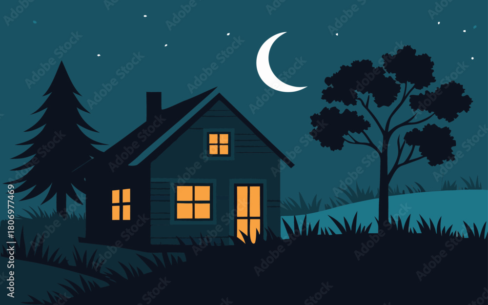 Fototapeta premium Cozy cabin at night with crescent moon and trees