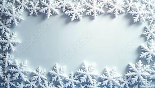 Blue winter background with glowing snowflake border, festive seasonal frame