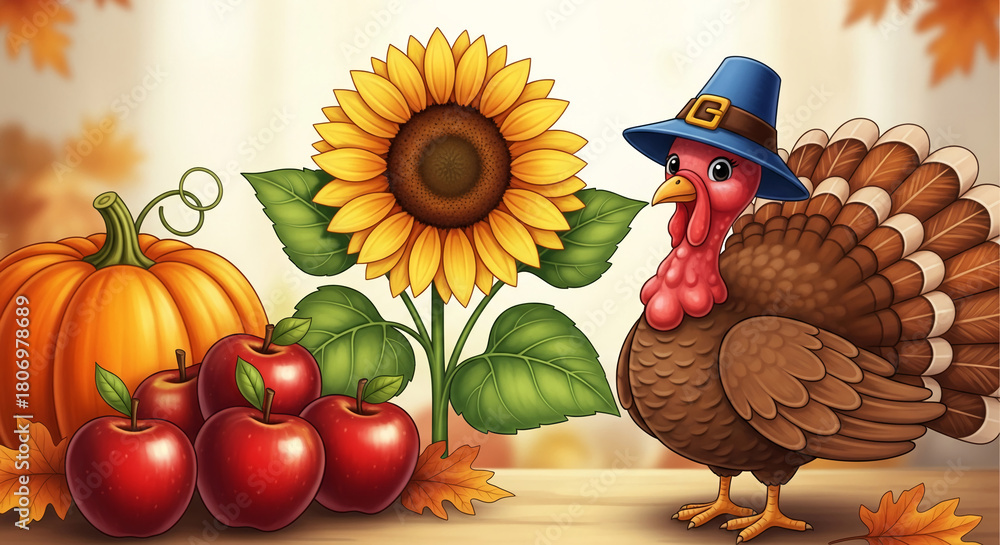 Naklejka premium Cartoon with turkey wearing hat, sunflower, pumpkin and apples, on table. Concept is festive, perhaps for Thanksgiving or autumn harvest celebration