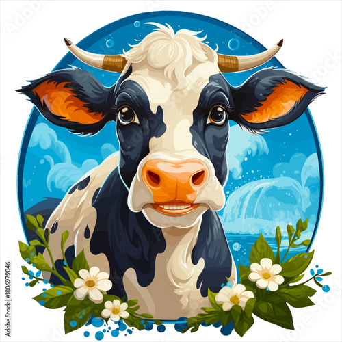 Vector illustration of a cute, smiling cartoon cow framed by white flowers. A happy farm animal portrait with a bright white background, clouds, and water bubbles.