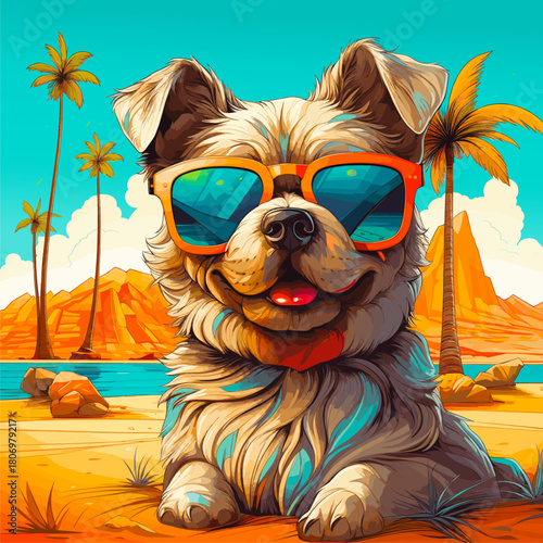 Cute and happy cartoon dog wearing colorful sunglasses on a sandy tropical beach. Background features palm trees, blue ocean, and orange mountains. Bright, summery vector illustration.