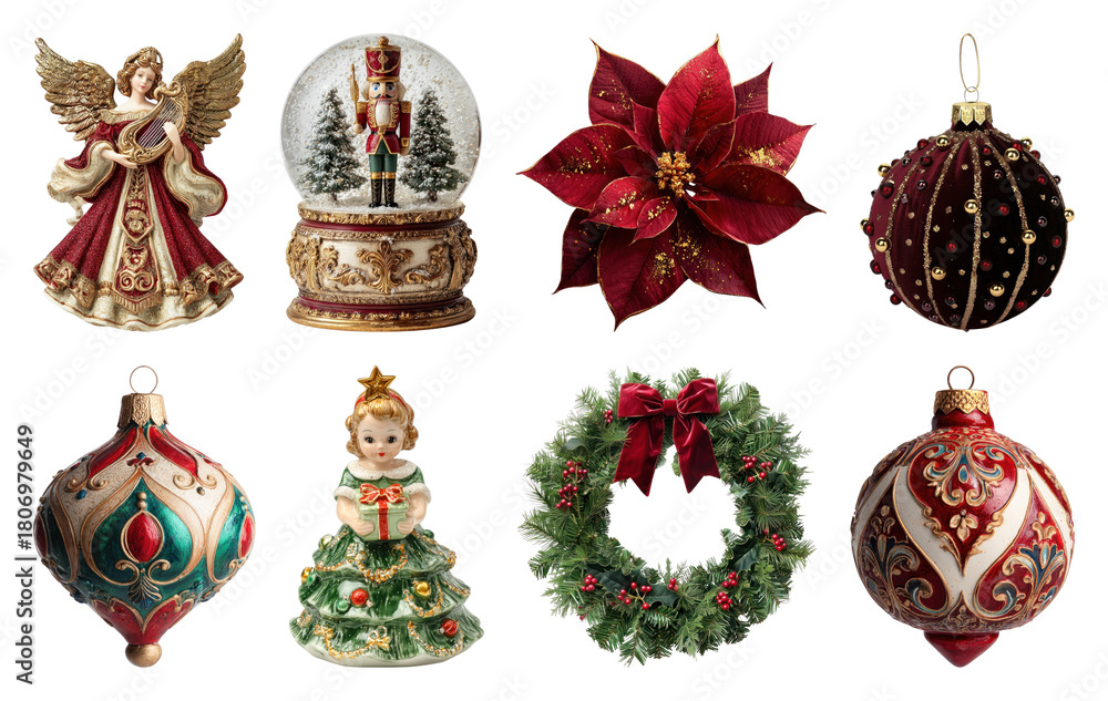 Obraz premium PNG Vintage Christmas ornaments collection, element set on transparent background