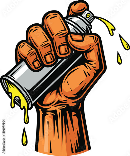 Gritty Raised Hand Squeezing a Graffiti Spray Paint Can with Dripping Yellow Paint Illustrating Street Art, Urban Culture, Creative Expression, and Rebellion