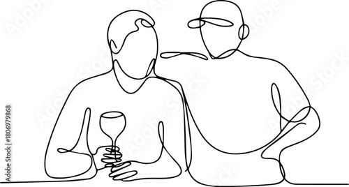 One line drawing of two people sitting together, with one holding a wine glass. Minimalist continuous line friendship illustration isolated on white background.
