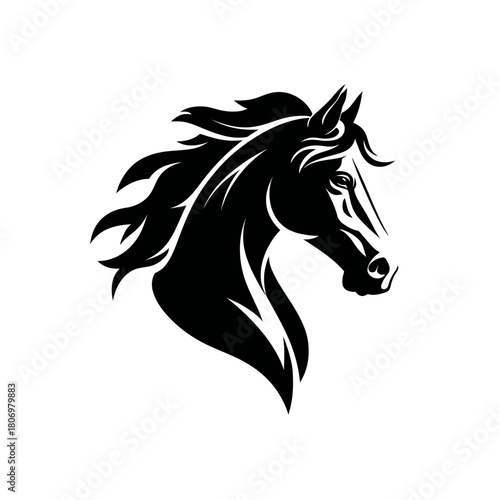 Stylized black horse head with flowing mane in profile
