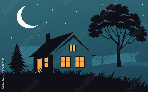 Night house scene with crescent moon and trees