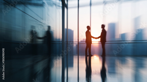 Two business professionals finalize a partnership with a handshake inside a modern corporate building, symbolizing trust, cooperation, closed deals and successful business relationships built on share