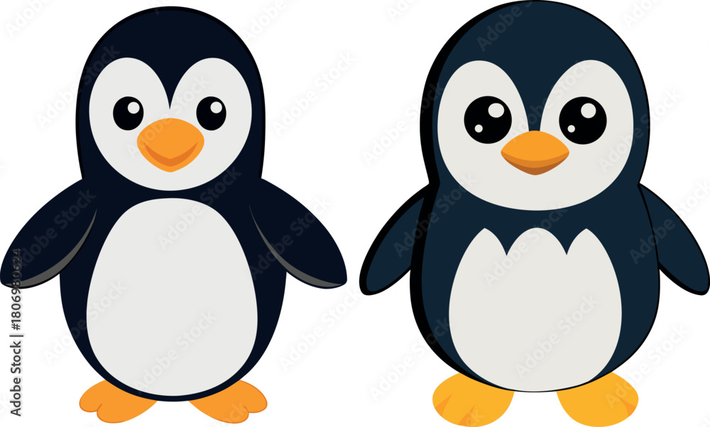 Naklejka premium cute penguins cartoon, arctic bird vector, winter animal clipart, penguin couple illustration, cold weather art, adorable penguin design, snowy animal png, wildlife character drawing, kids winter artw