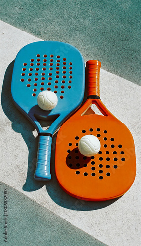 Padel Rackets and Ball on Court | Orange Blue Paddles in Sunlight | Summer Sport Lifestyle Concept | Close-up Macro