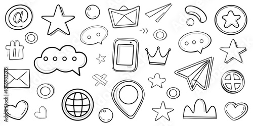 Collection of hand drawn social media icons and symbols in a doodle style on a white background