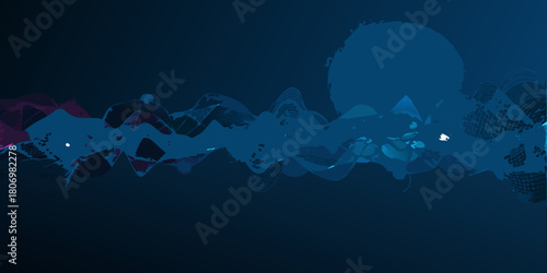 Abstract flowing wave of blue and purple shapes with a large dark blue circle in the background