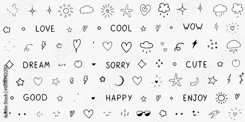 Collection of hand drawn doodle elements including words hearts stars clouds and lightning bolts