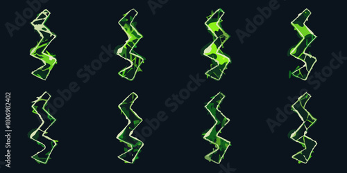 Eight stylized green lightning bolt symbols with a dark background and a hand drawn sketch effect