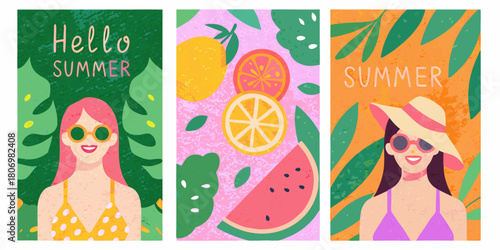 Vibrant summer greeting cards featuring stylish women and tropical fruits