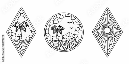 Collection of three minimalist line art emblems featuring tropical beach scenes and a sunburst design