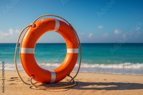 Orange lifebuoy on sandy beach with ocean and blue sky