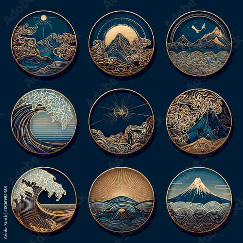Circular Japanese art depicting mountains, waves, and sun