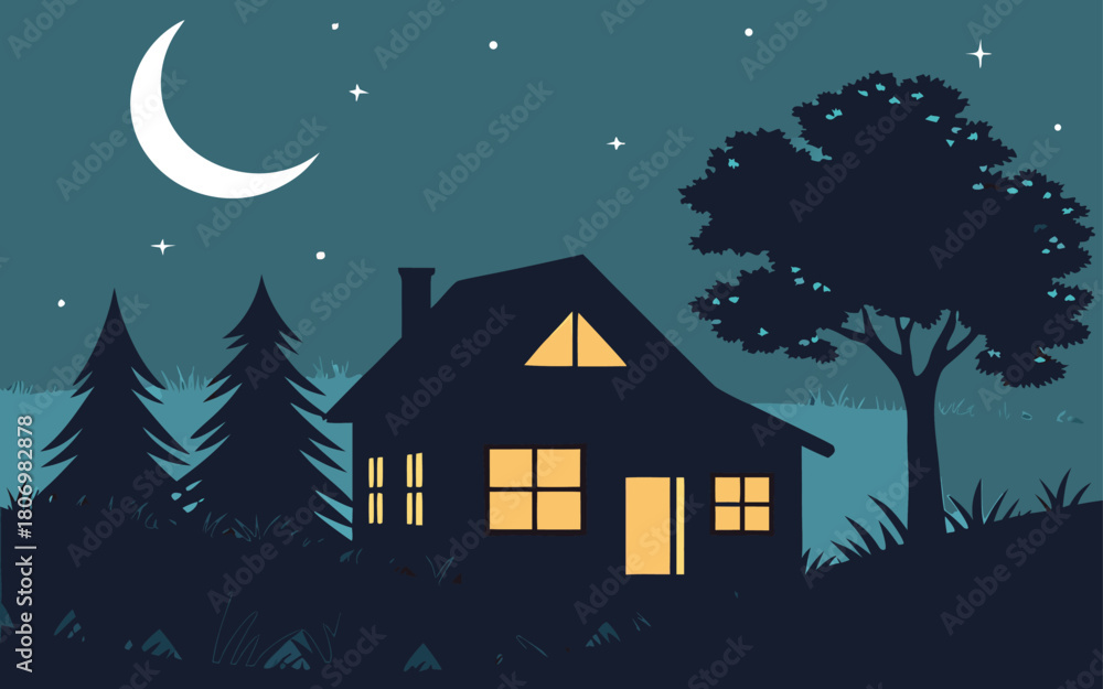Fototapeta premium Cozy cabin at night with crescent moon and stars