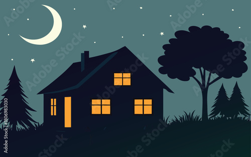 Night house with trees and moonlit sky