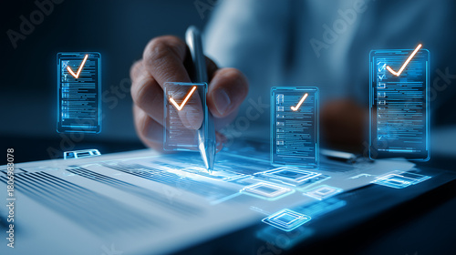 Profissional assinando documento com elementos holográficos de checklist, simbolizando autenticação digital, validação, processos modernos, produtividade e gestão eficiente empresarial