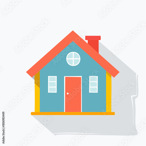 Simple flat illustration of a charming blue house with a red roof and chimney, casting a long shadow