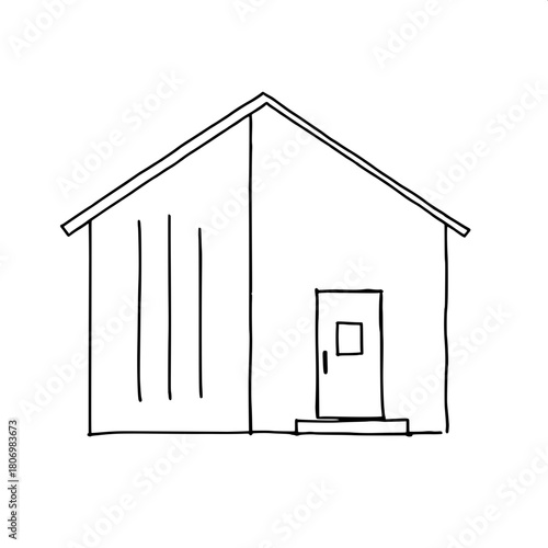 Modern minimalist house drawing using thick black lines with a bold geometric style, no shading, featuring a prominent gabled roof, a series of narrow rectangular windows aligned vertically on the lef