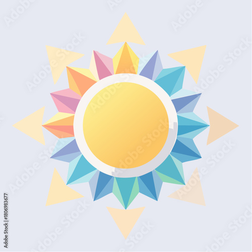 Abstract geometric sunburst design with vibrant rainbow gradient colors, symbolizing energy and positivity