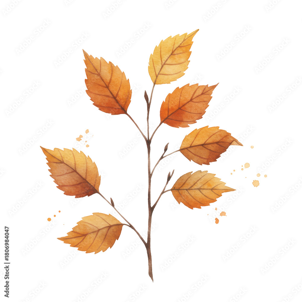 Fototapeta premium Watercolor autumnal branch with falling leaves isolated on white background