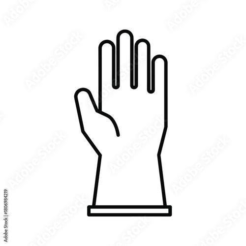 Black and white line drawing of a single hand wearing a protective glove, isolated on
