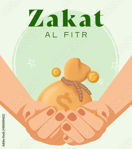 Zakat Al Fitr Donation Illustration with Hands Holding Money Bag for Charity. 