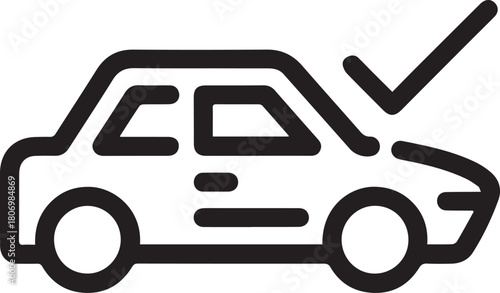 Car inspection complete icon, symbol for approved auto service, vehicle checkup success, certified car, quality guarantee, simple modern line art, transport
