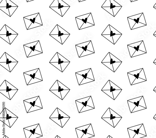 Love letter Valentine's Day seamless pattern. Vector graphic line black and white illustration. Banner, poster, wrapping paper, sticker, print, modern textile design.