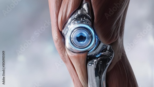 Close-up of a futuristic bionic eye implant in human skin.