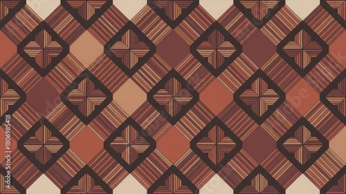 Ornamental Geometric Grid Inspired by African Kuba Cloth Patterns in Earthy Tones