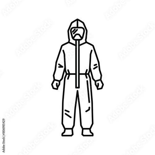 Person wearing protective hazmat suit with hood and goggles isolated on