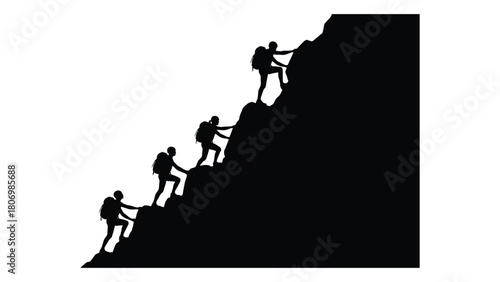 Mountain climbers silhouette ascent isolated on white background, Vector