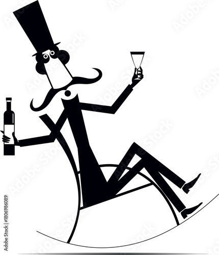 Man sits in the rocking chair with a bottle of champagne or wine